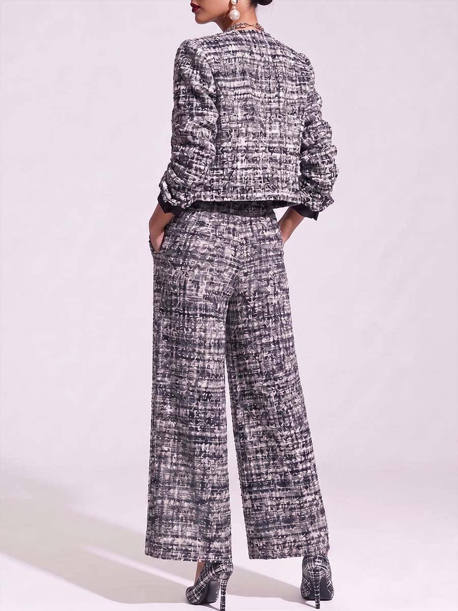 Women's Round Neck Long Sleeve Casual Loose Tweed Cardigan High Waist Wide Leg Pants Suit