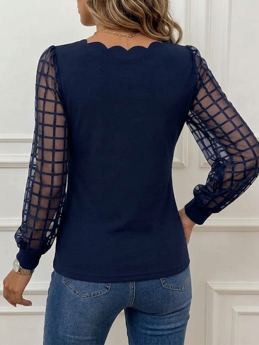 Scalloped V-neck Grid Mesh Long Sleeve Spliced Top