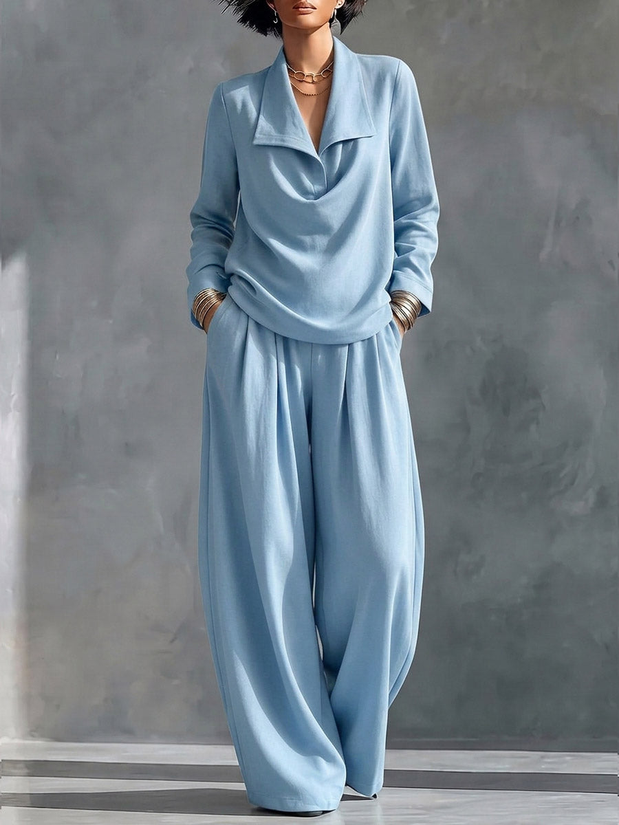 Women's Solid Color Collared Long-sleeved Casual Loose Top And High-waisted Wide-leg Pants Set