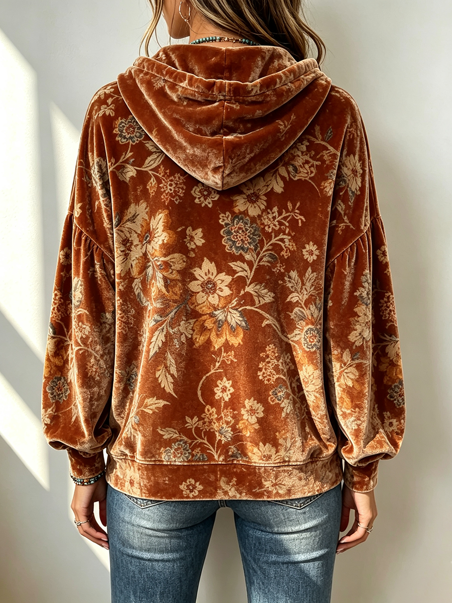 Cozy Fall Velvet Floral Hooded Sweatshirt