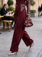 Bold Burgundy Asymmetric Wrap Leather-trimmed Corduroy Lantern Pants