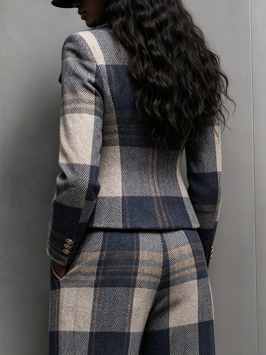 Sophisticated Plaid Wool-Blend Tailored Blazer