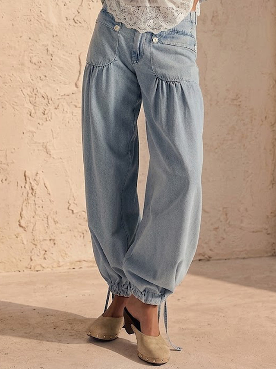 Pleated Mid-rise Loose Wide-leg Lotus-style Jeans
