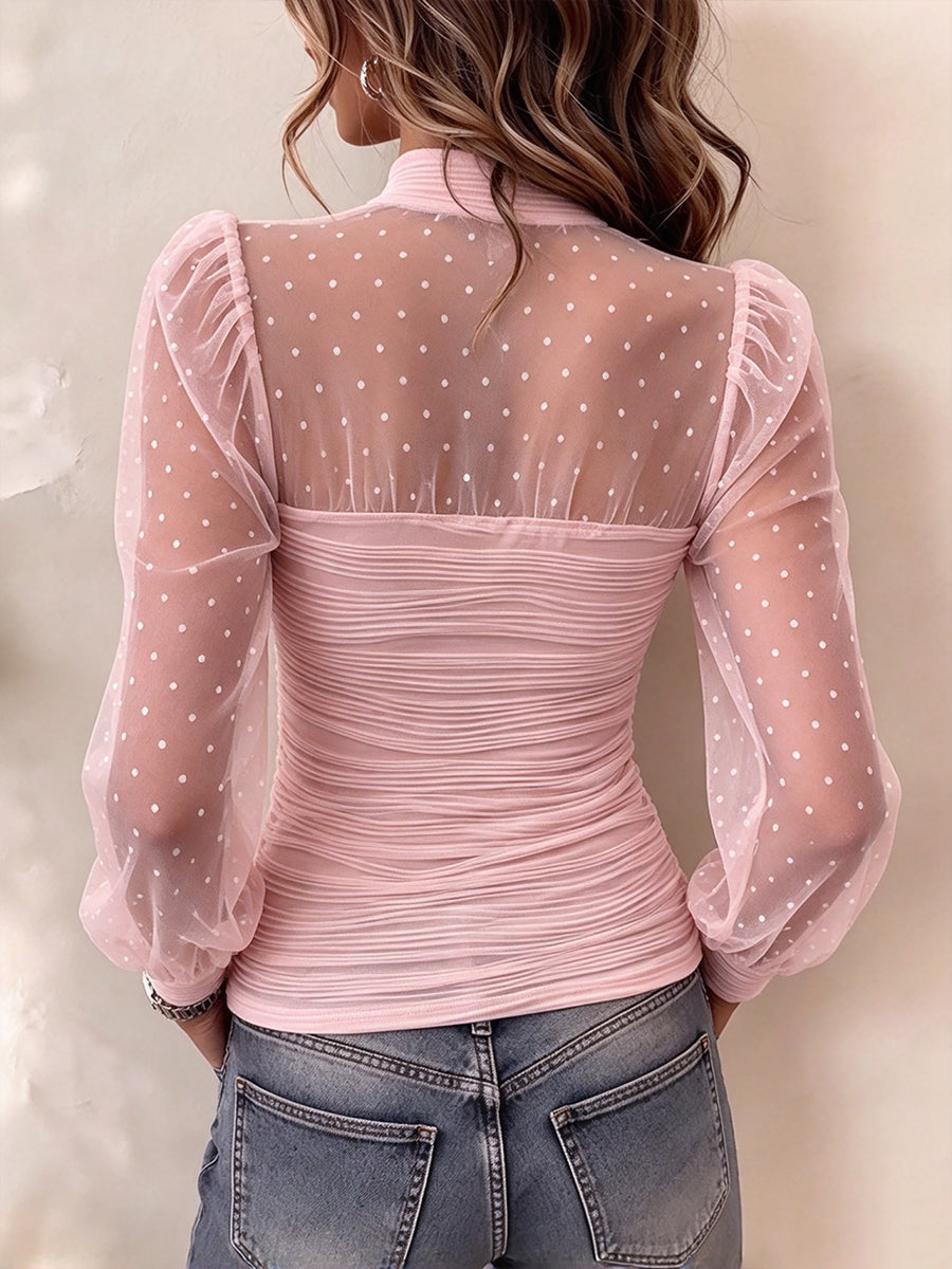 Chic Sheer Glitter Mesh High-neck Long-sleeve Top