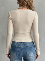 Asymmetric-neck Twisted-detail Ribbed Slim-fit Long-sleeve Top