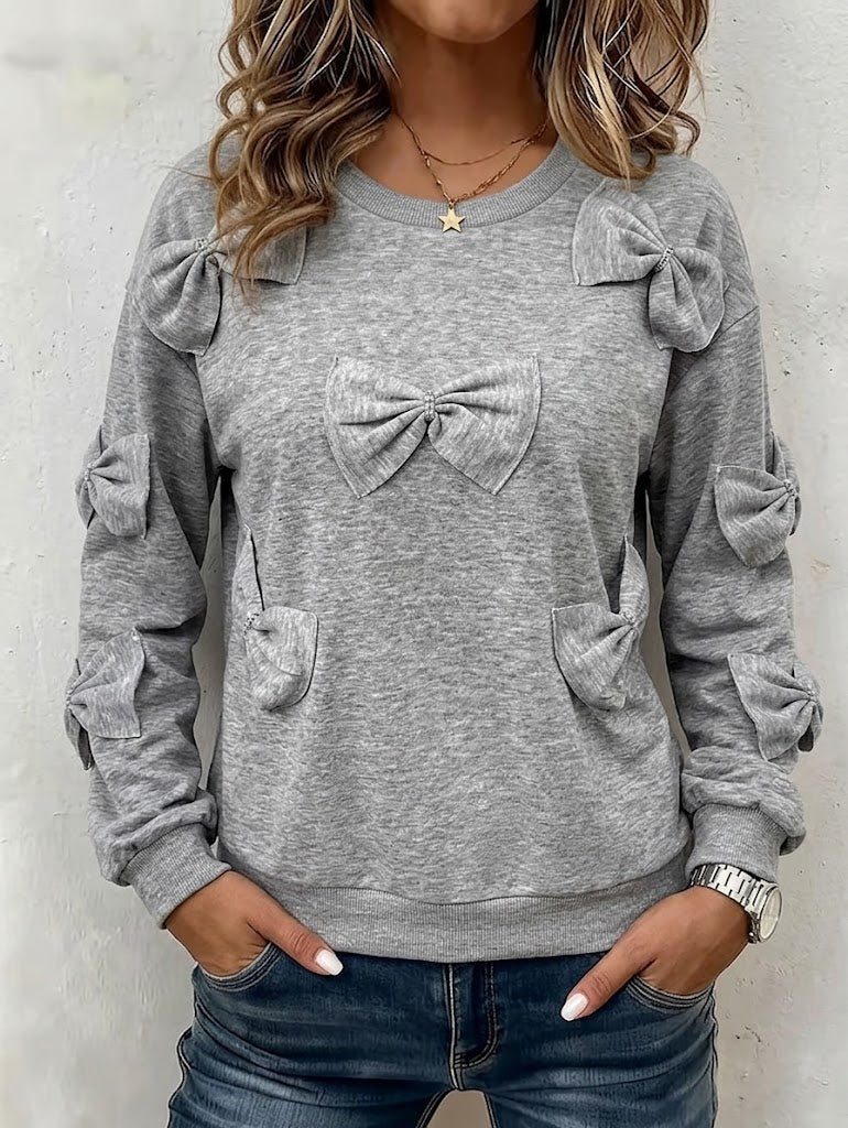 Crew Neck Self‑fabric Bow Accent Relaxed Sweatshirt