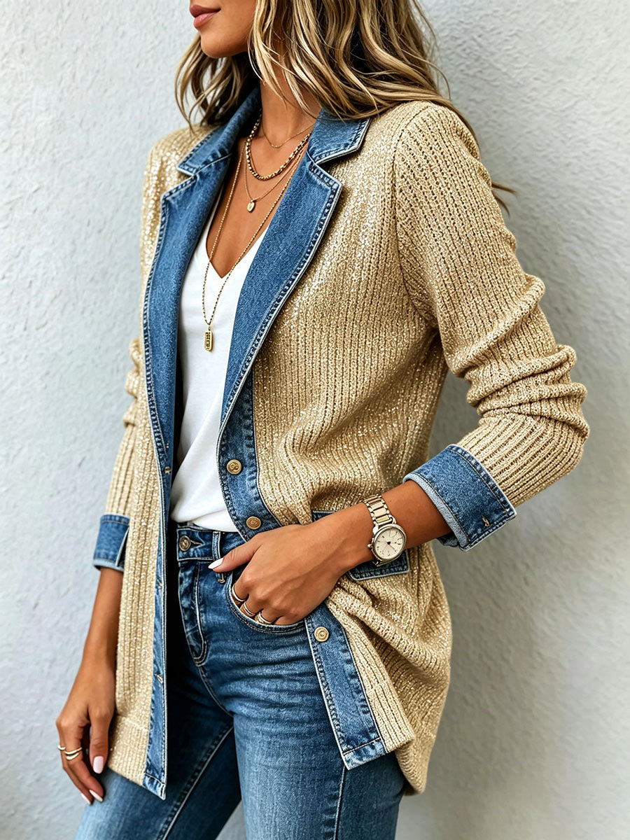 Chic Denim Contrast Sparkling Gold Knit Blazer Jacket