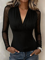 Women's Solid Color V-neck Long-sleeve Slim-fit Mesh-panel Casual Top