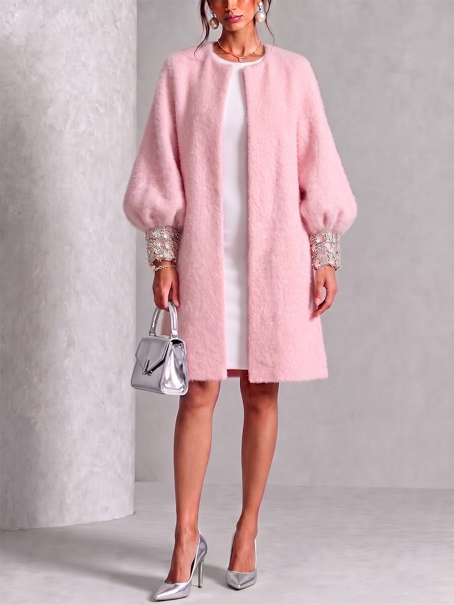 Cozy Pink Woolen Shiny Cuffs Open-front Coat