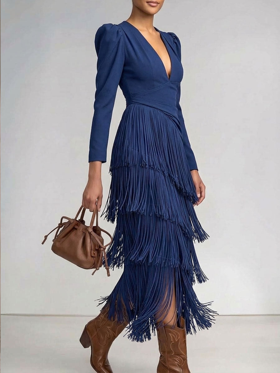 Women's Solid Color V-neck Long-sleeve Casual Loose Tassel Dress
