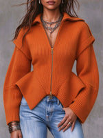 Cozy Textured Full-Zip Peplum Knit Pullover