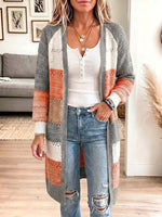 Women's Striped Color-blocked V-neck Long-sleeved Casual Loose Knitted Long Coat