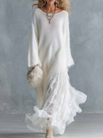 Women's Solid Color Crew Neck Long-sleeve Casual Loose Knit Dress With Lace Paneling