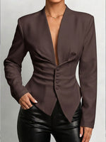 Women's Solid Color V-neck Long-sleeved Casual Loose Belted Jacket