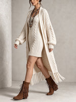 Boho Chic Cable-Knit Fringe Long Cardigan