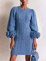 Elegant And Stylish Cable-knit Sweater Dress With 3d Rose Detailing On The Cuffs.