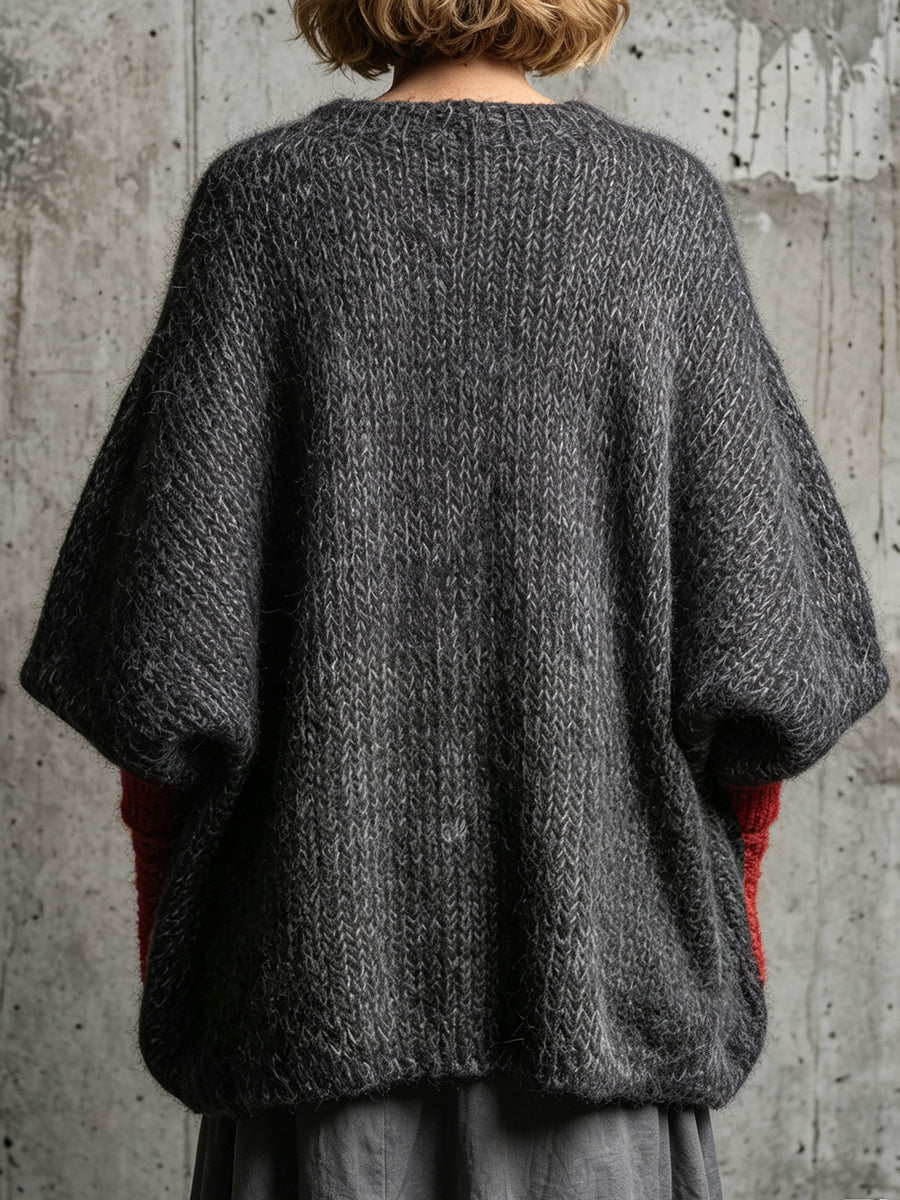 Chic Charcoal & Red Contrast Pocket Knit Cardigan