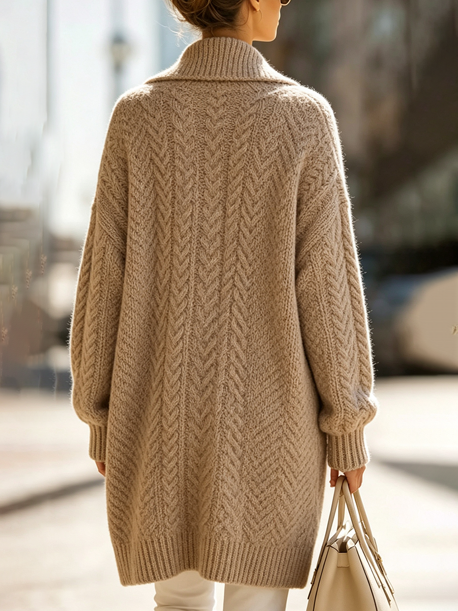 Elegant Cozy Lapel Oversized Cable-knit Wool Blend Cardigan