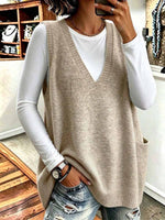 Women's Oversized V-neck Knit Sweater Vest With Pockets