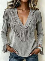 Women's Solid Color V-neck Long-sleeved Casual Loose Tassel Top