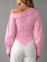 Asymmetric Off-shoulder Shirt With A Folded Collar, Fitted Waist, And Pointed Hem