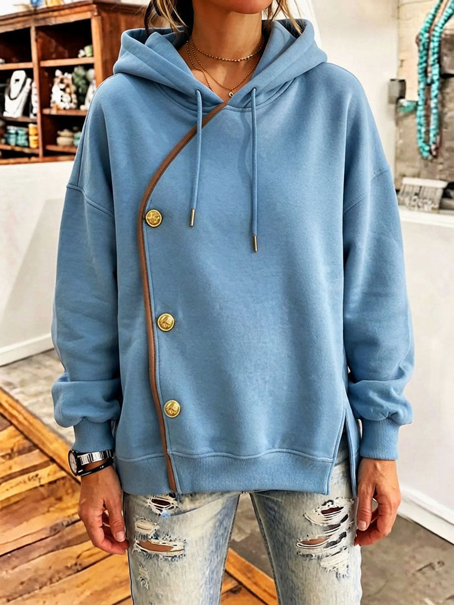 Asymmetric Piping & Buttons Chic Casual Blue Hoodie