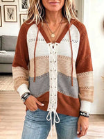 Women's Color-blocked V-neck Long-sleeved Casual Loose Hooded Knit Pullover