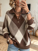 Chic Quilted-pattern Polo-collar Knit Top