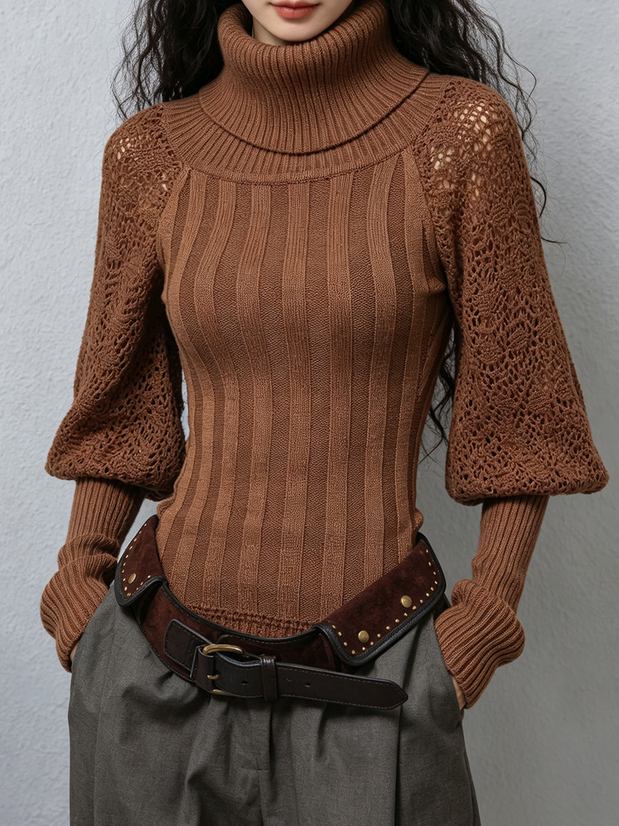 Chic Caramel Brown Laced-Sleeve Turtleneck Sweater