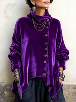Chic Velvet Asymmetric Button Turtleneck Top