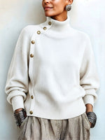 Chic Elegant Asymmetrical Button Turtleneck Sweater