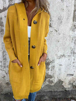 Women's Solid Color Collared Long Sleeve Casual Loose Hooded Knit Cardigan
