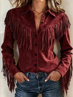 Women's Solid Color Lapel Long-sleeve Casual Loose Faux Suede Shirt With Tassels