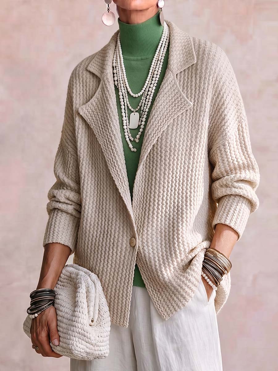 Women's Solid Color Collared Long Sleeve Casual Loose Knit Cardigan