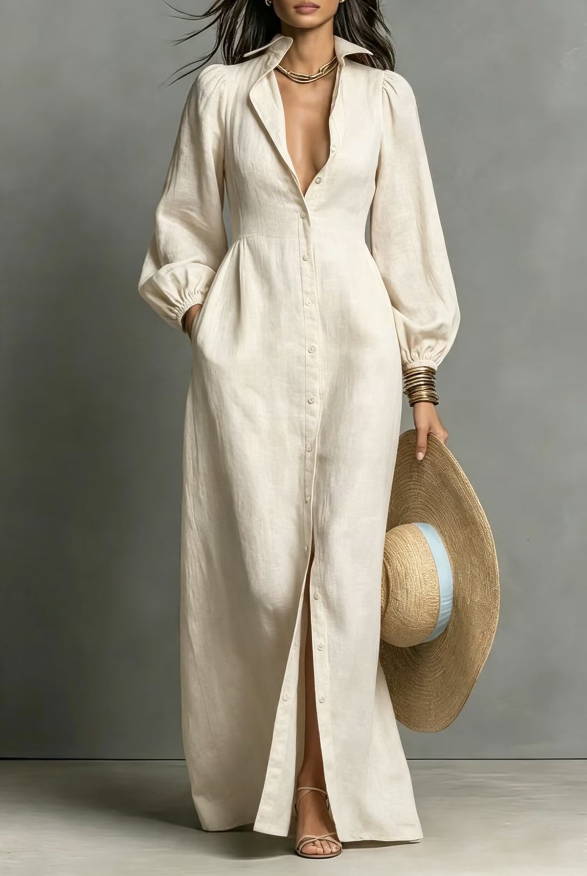Casual Linen-cotton Blend Collared Maxi Dress