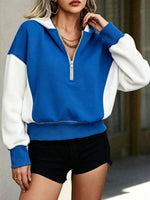 Chic Red and White Colorblock Quarter-Zip Hoodie