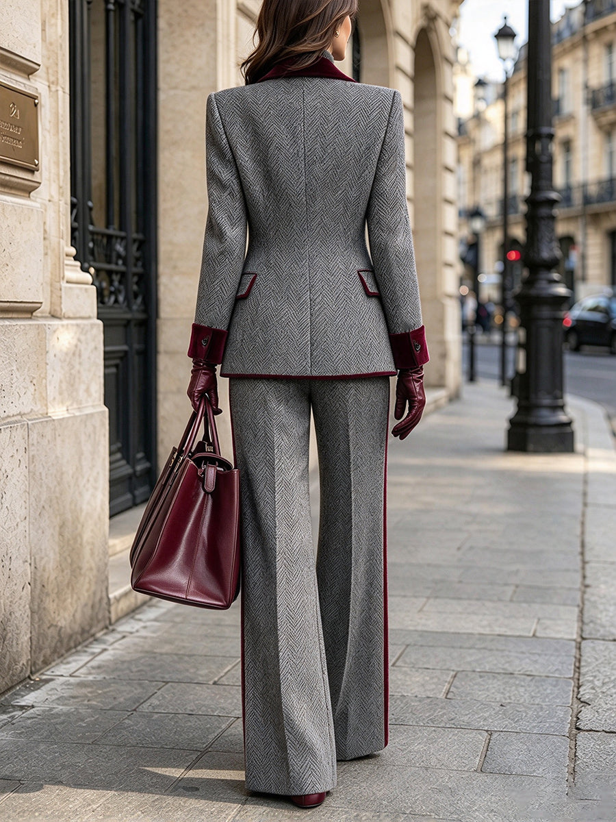 Vintage-inspired Elegant Herringbone Wool-blend Blazer