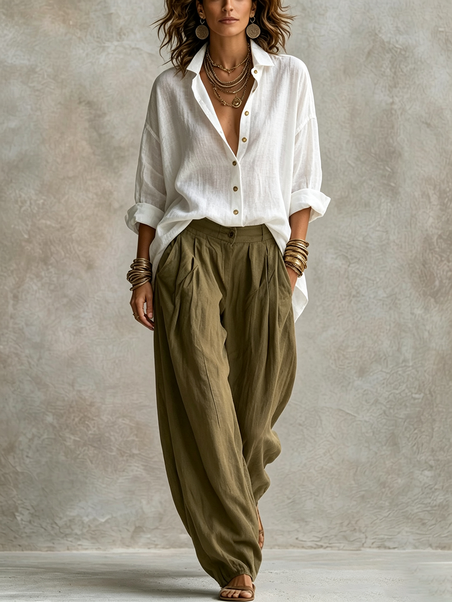 Chic Casual Relaxed-fit Olive Green Cotton Linen Outfit Set