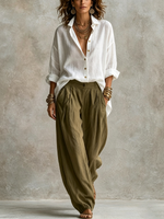 Chic Casual Relaxed-fit Olive Green Cotton Linen Outfit Set
