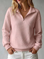 Women's Solid Color Stand Collar Long Sleeve Casual Loose Waffle Knit Pullover