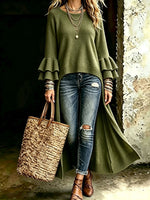 Chic Long-line Knitted Cardigan With Multi-layered Ruffled Sleeves