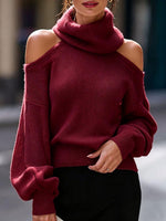 Women's Solid Color Stand Collar Off-shoulder Long Sleeve Casual Loose Knit Sweater