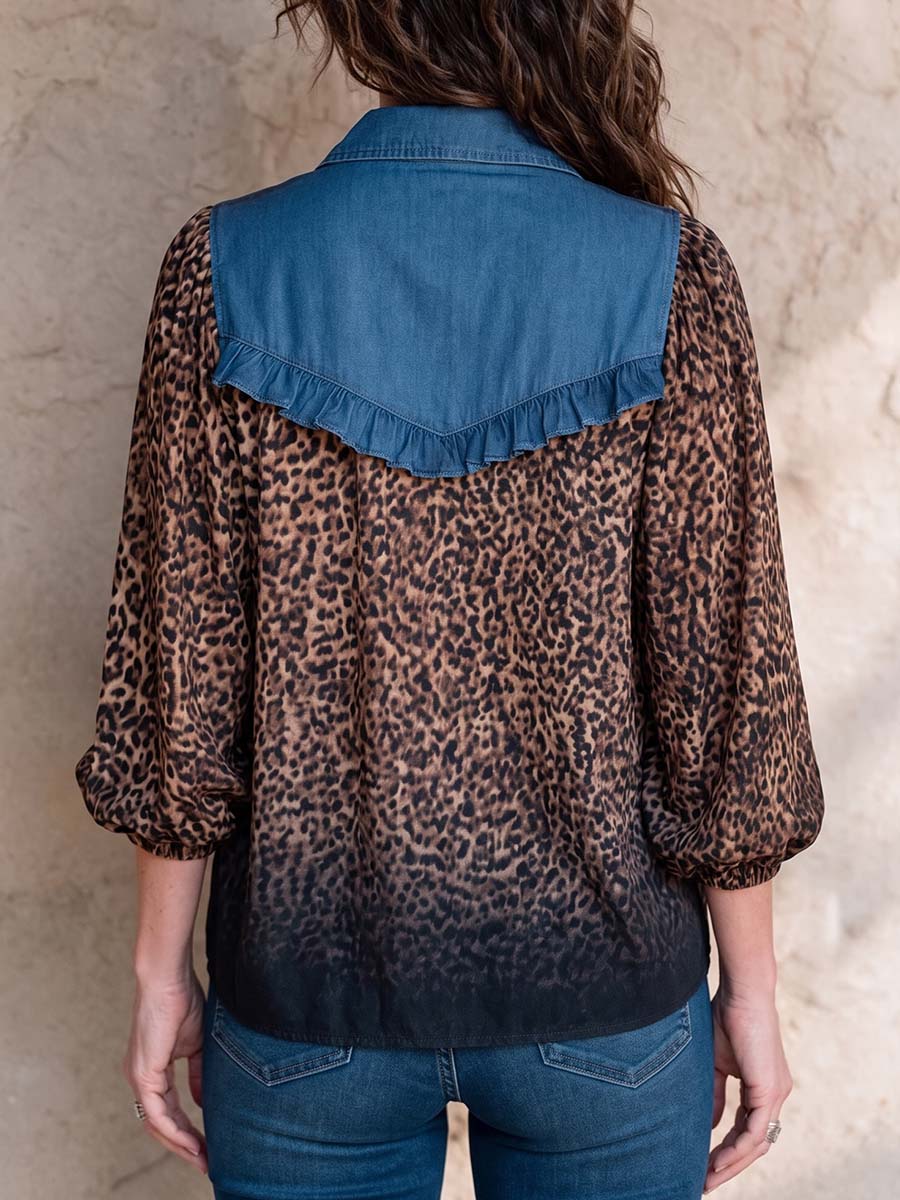 Women's Denim Collared 3/4 Sleeve Leopard Print Patchwork Casual Loose Top
