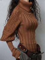 Chic Caramel Brown Laced-Sleeve Turtleneck Sweater
