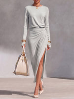 Women's Solid Color Round Neck Long Sleeve Casual Loose Slit Knitted Dress