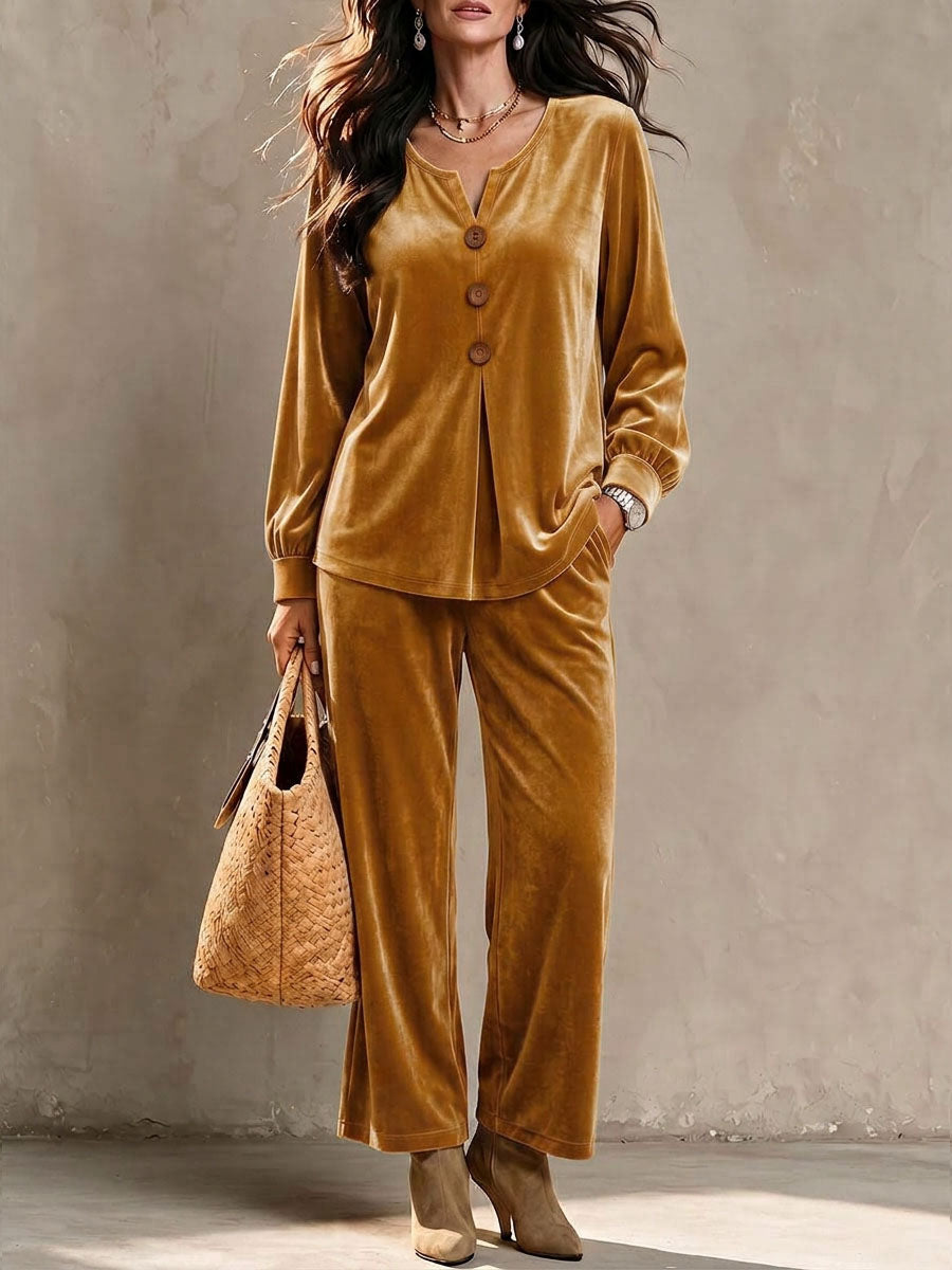 Women's Solid Color V-neck Long-sleeved Casual Loose Velvet Top And High-waisted Wide-leg Pants Set