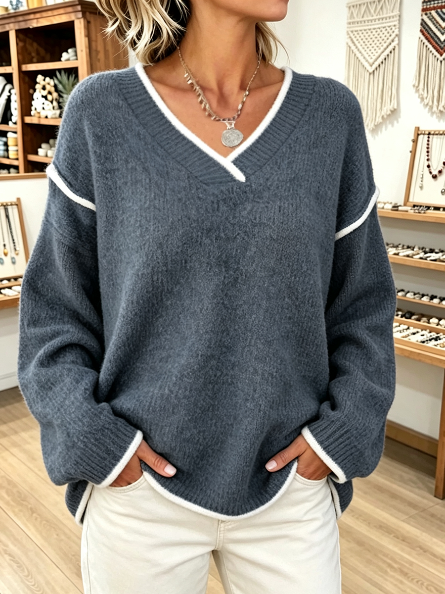 Chic Casual White Piping Trim Oversized V-neck Sweater