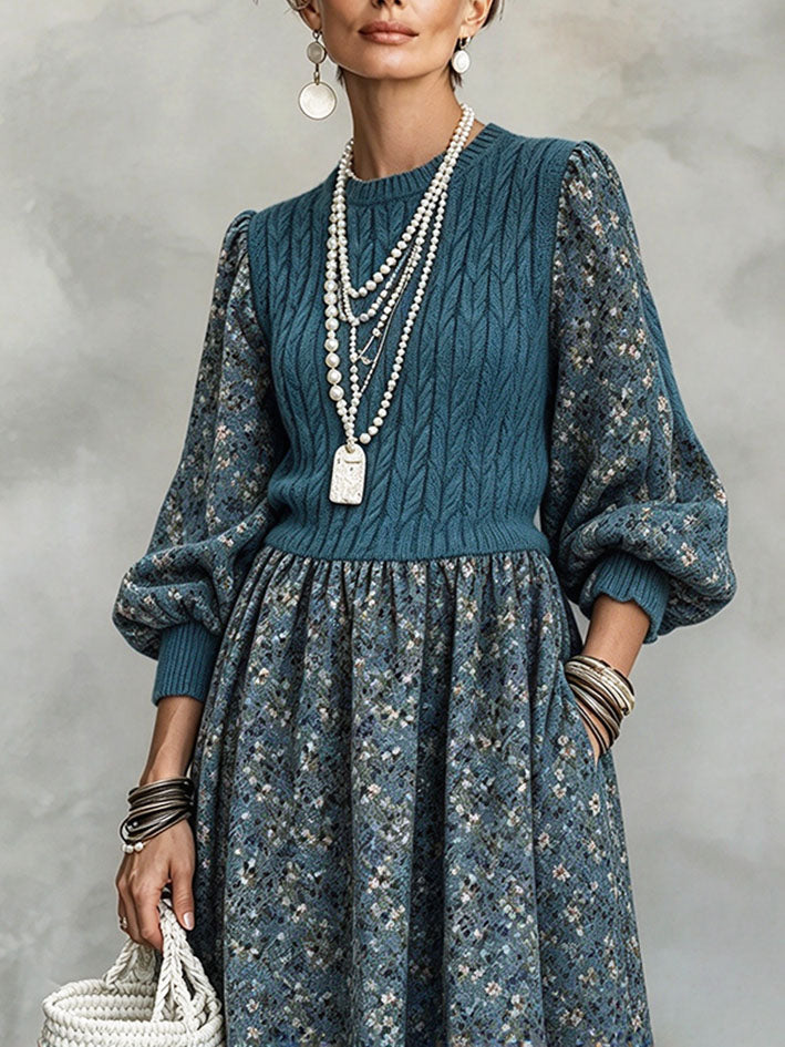 Elegant Stylish Blue Floral Patchwork Midi Dress