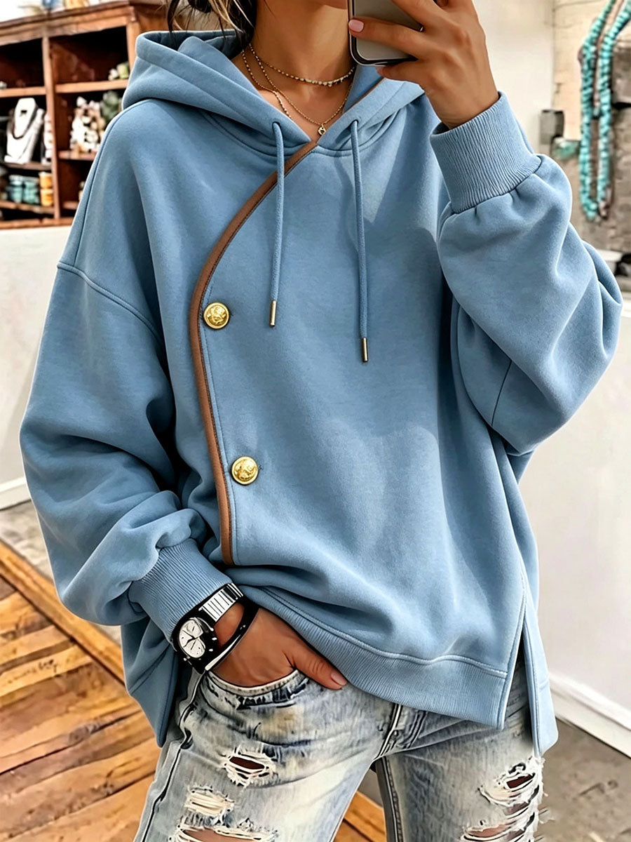 Asymmetric Piping & Buttons Chic Casual Blue Hoodie