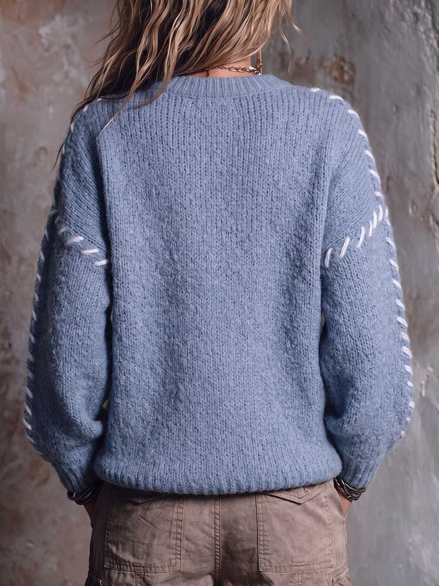 Women's Round Neck Long-sleeved Casual Loose Handmade Color-blocked Pullover Knit Sweater